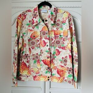 Alfred Dunner Women's Jacket Beige Flowers Butterflies Size 16 Button Front Boho